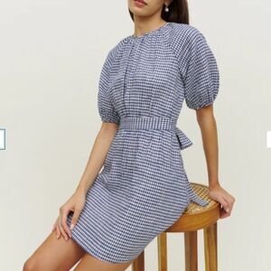Reformation Dress Irwin Linen Challah Check Blue Women's Size 10 NWT